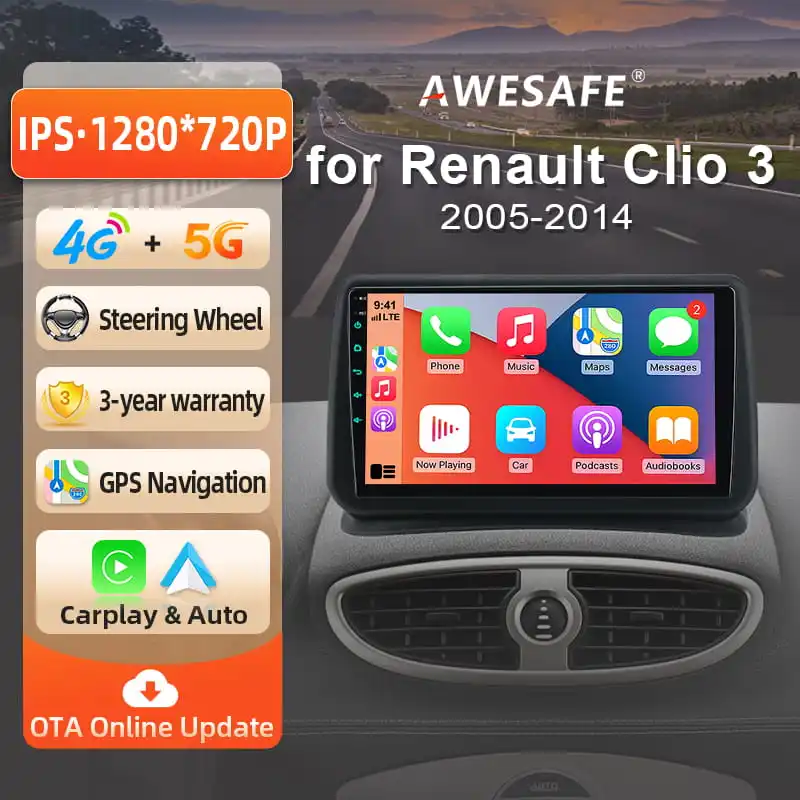 Autoradio sans fil AWESAFE CarPlay Android Auto pour Renault Clio 3 2005-2014, navigation GPS, Plug and Play avec SWC CANBUS RDS DSP 4G