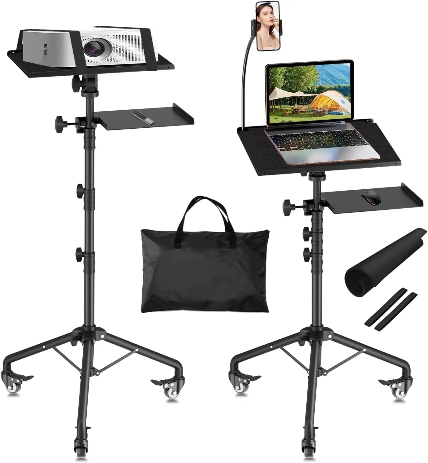 

Portable Projector Stand Tripod with Wheels, Adjustable Height 26-49 Inch, Includes Phone Holder for Office School Home Use