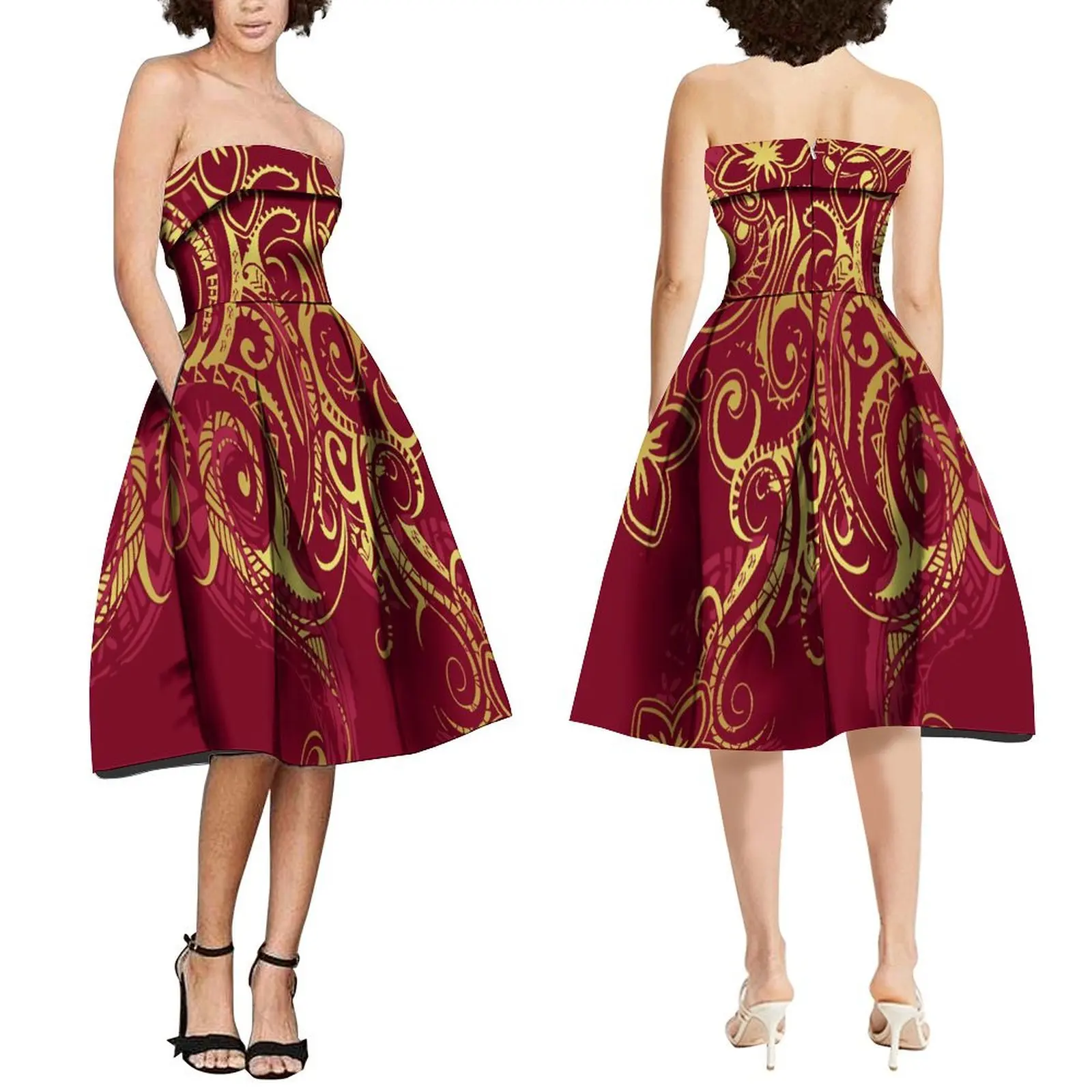 Women'S Off-The-Shoulder Dress Party Fashion Puffy Dress Hawaii Polynesian Tribe Design Print 