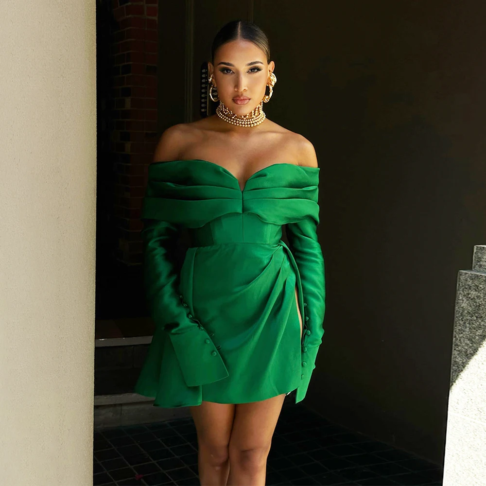 Women\'s Cocktail Dress Mini Emerald Green Long Sleeves Off the Shoulder  Gowns Short Side Slit Satin Sexy Party Dresses