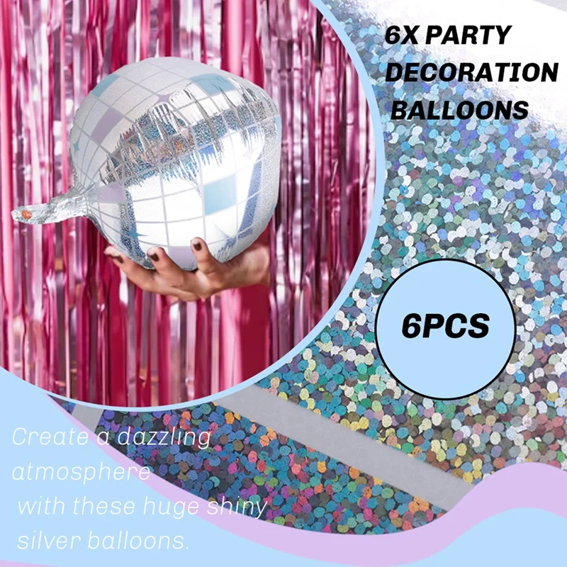 New-6Pcs Iridescent Disco Ball Balloons, Huge Shiny Silver Disco Aluminum Foil Balloons For Birthday Single Party Decoration