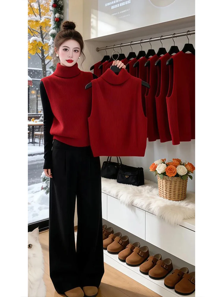 Red High Collar Knitted Sweater Women's Inner Wear Spring New Style Fashionable Casual Knitwear Large Size New Year's Atmosphere