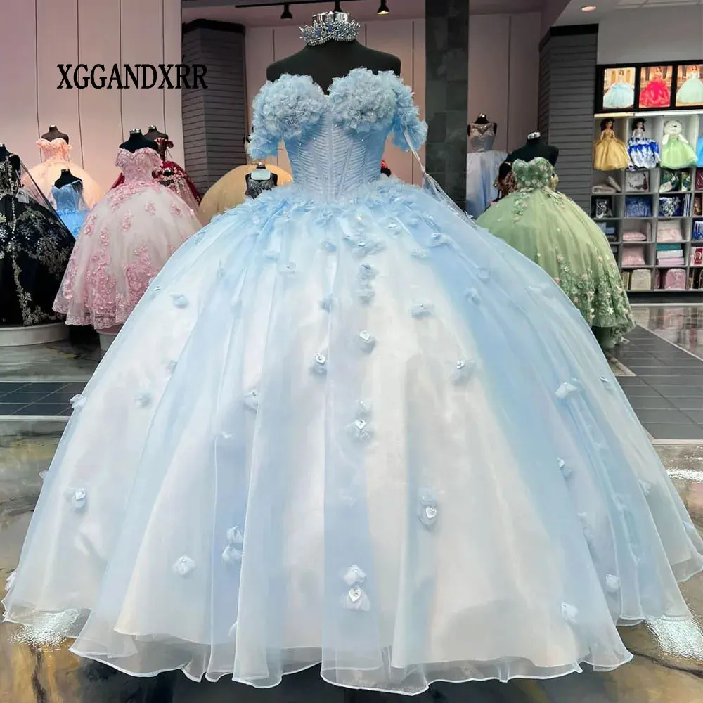 

Небесно-голубое платье Vestido De 15 Anos 2025 с настоящей 3D цветочной аппликацией Quinceanera, бальное платье на день рождения, пышное милое платье 16 лет