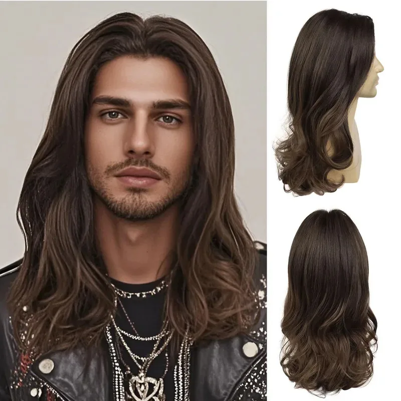Cortes de pelo largos para hombre, pelucas onduladas rizadas marrones con raya media sintética, para fiesta diaria, peluca de disfraz de Cosplay Punk Rock yi;4