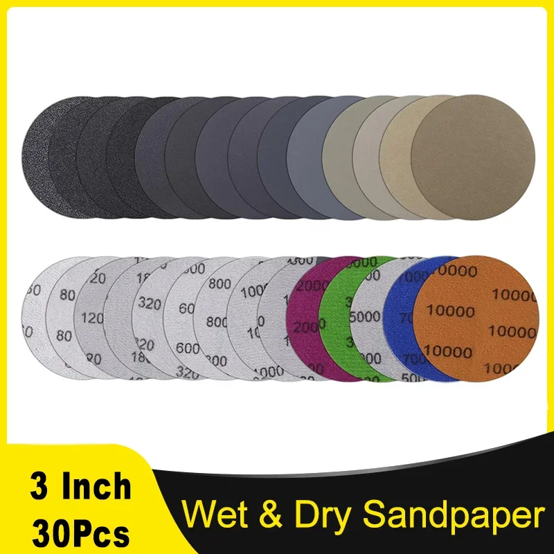 

30 шт. 3-дюймовые 75-миллиметровые шлифовальные диски для влажной и сухой шлифовки, зернистость 60-10000, профессиональная наждачная бумага из карбида кремния для краски по дереву и металлу