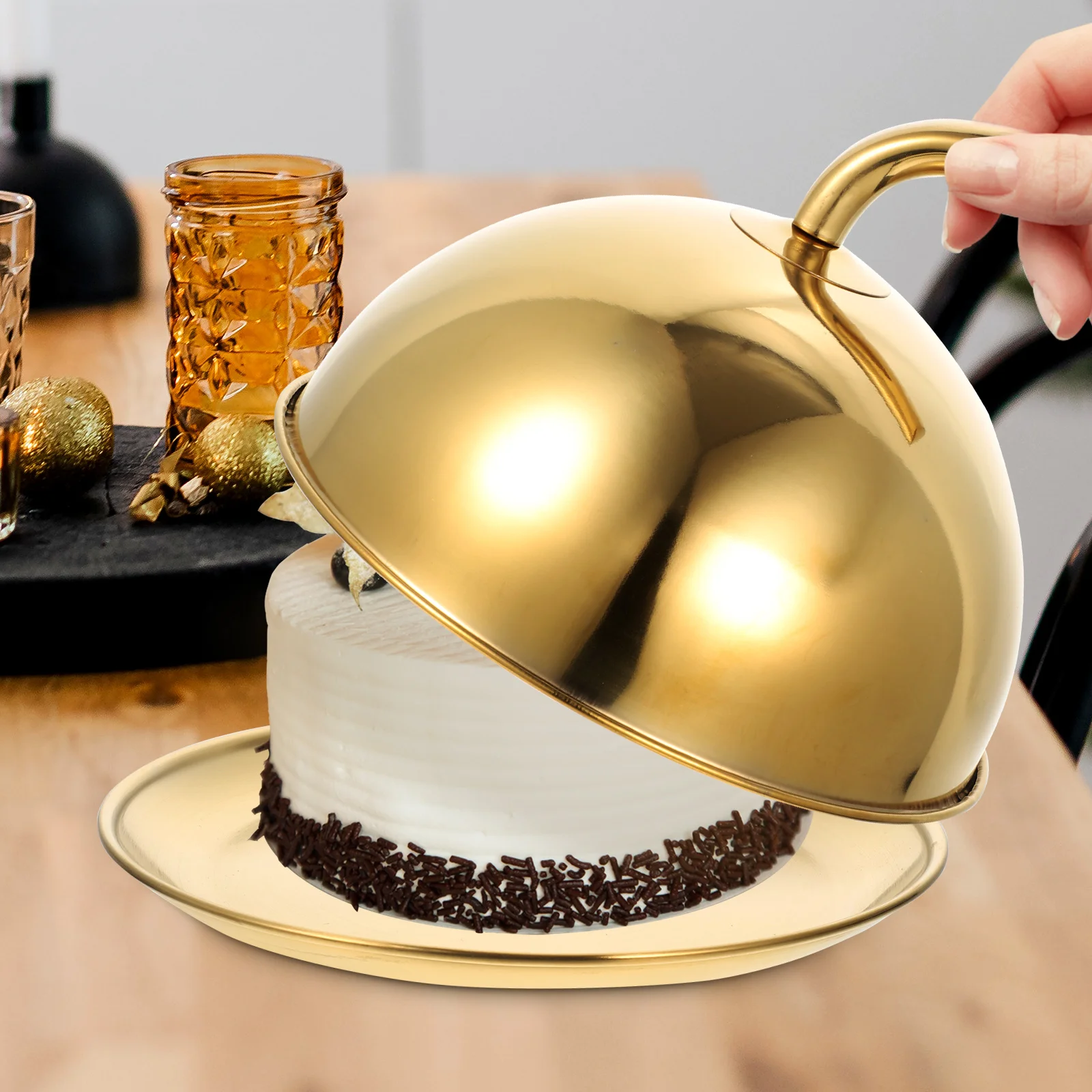 

1 Set Decorative Stainless Steel Food Cover Round Dome Tray Anti-Splashing Kitchen Cover