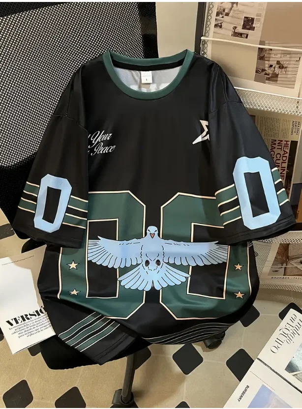 

2025 New Women Pigeon Stripes Print O-Neck Short Sleeve Green T-Shirt Graphic Tee Baseball Jerseys Sport T-Shirt Women Clothing