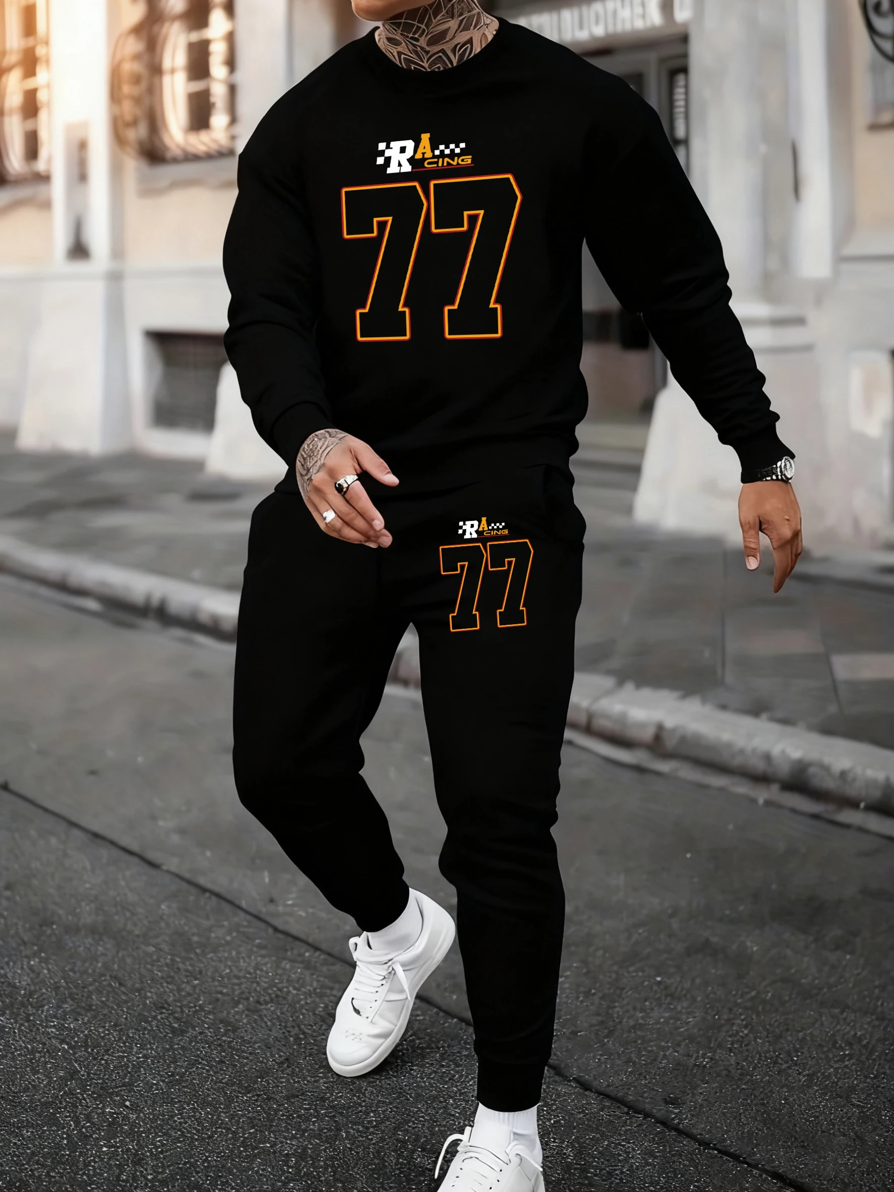 Racing Number 77 Printing Man Warm Fashion Pants Streetwear Sets Sport Soft Fleece Sweatshirts Autumn Winter Pocket Sweatpants