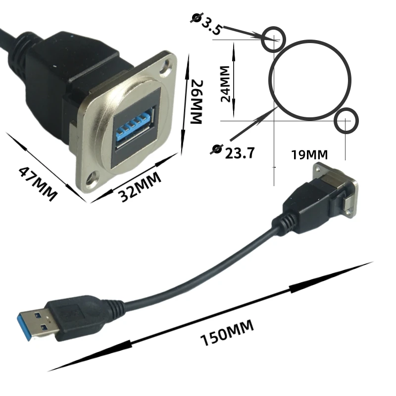 D tipo USB 3.0 parafuso fixo extensão conector painel, componente módulo conector adaptador, preto e prata, 15mm