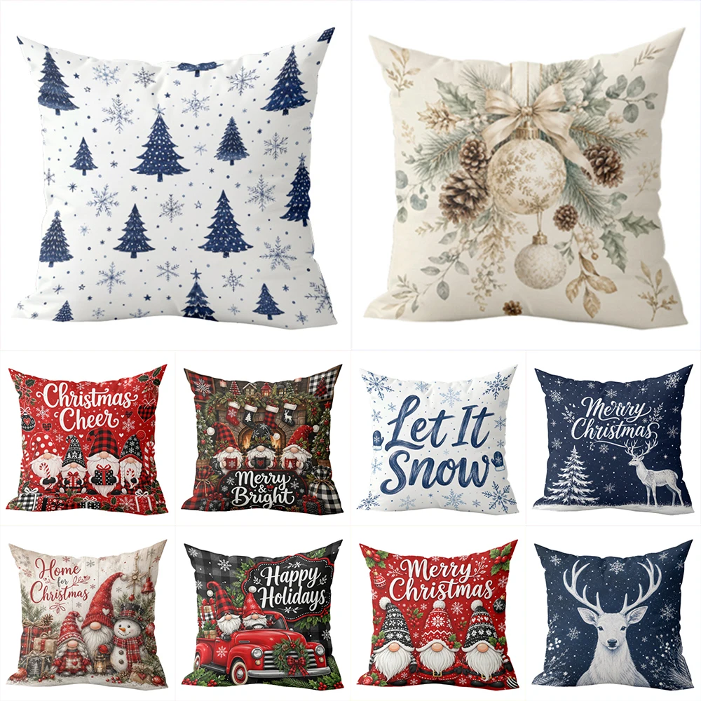 1pcs Christmas Throw Pillow Covers Winter Holiday Gnome Reindeer Xmas Tree Decorative Cushion Cases for Home Sofa Couch