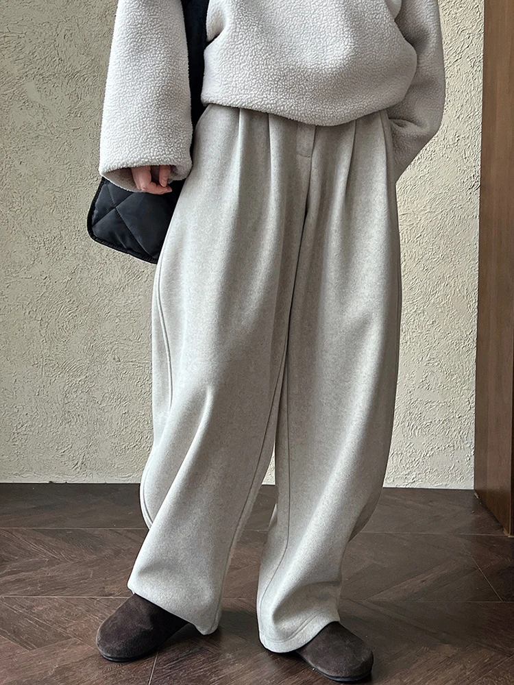 [LANMREM] Minimalism Wool Pants For Women High Waist Straight Wide Leg Trousers Office Lady Warm Clothes 2025 Winter New 26C1295