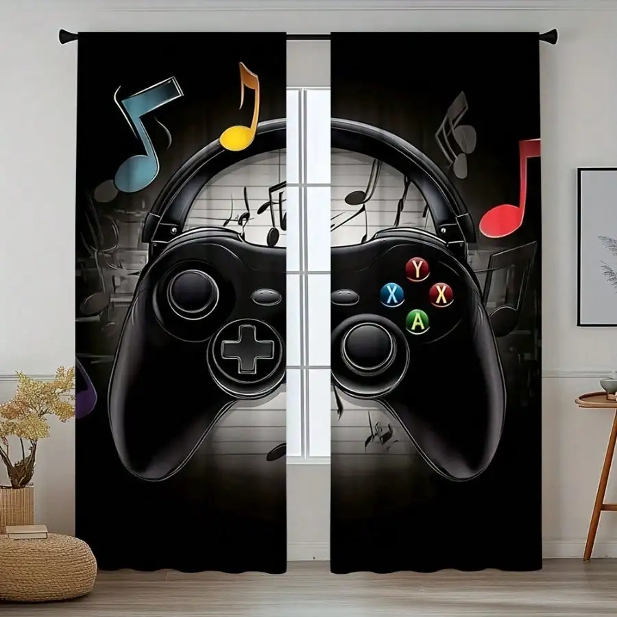 2pcs Retro Gaming Room Curtains Black & Grey Headphones Gamepad Design, Semi-Transparent Polyester Easy Rod Pocket Installation