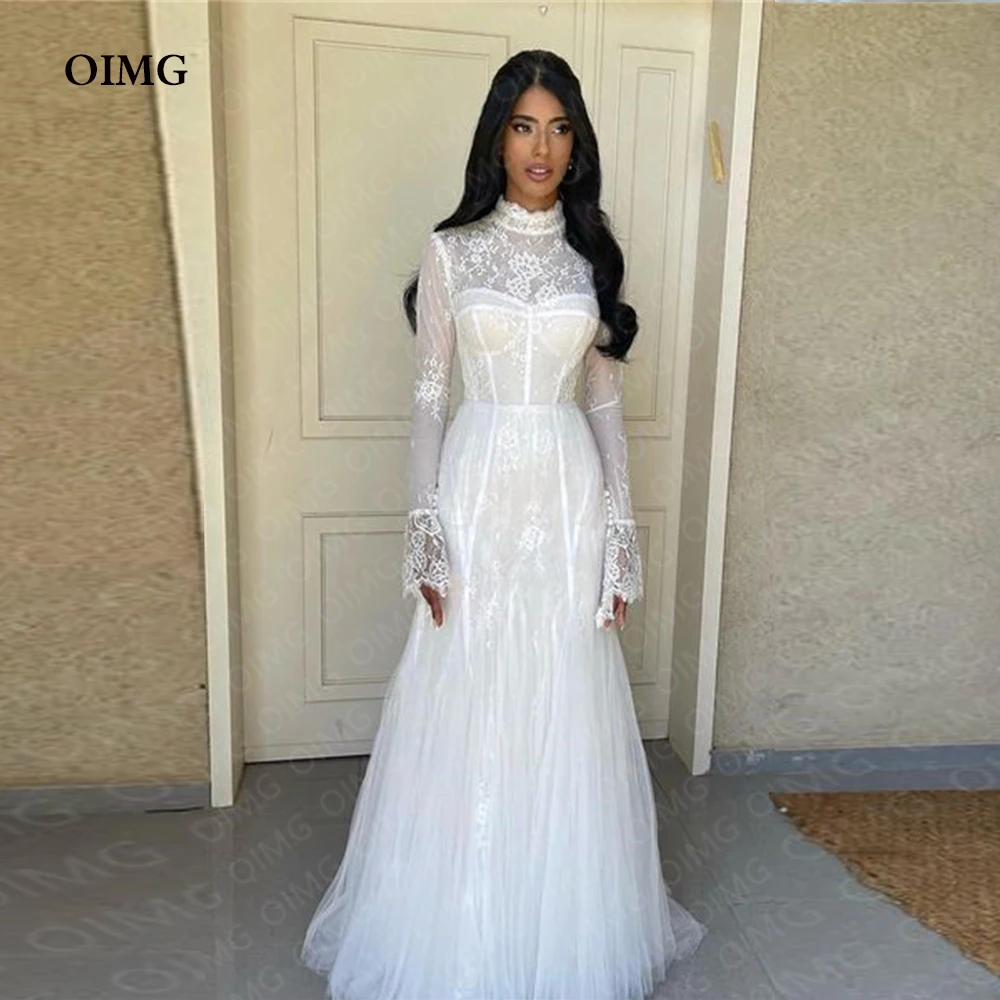 

OIMG Luxury Long Mermaid Wedding Dresses Gowns Lace Full Sleeves High Neck Formal Pricness Bride Bridal Gown Dress Vestidos