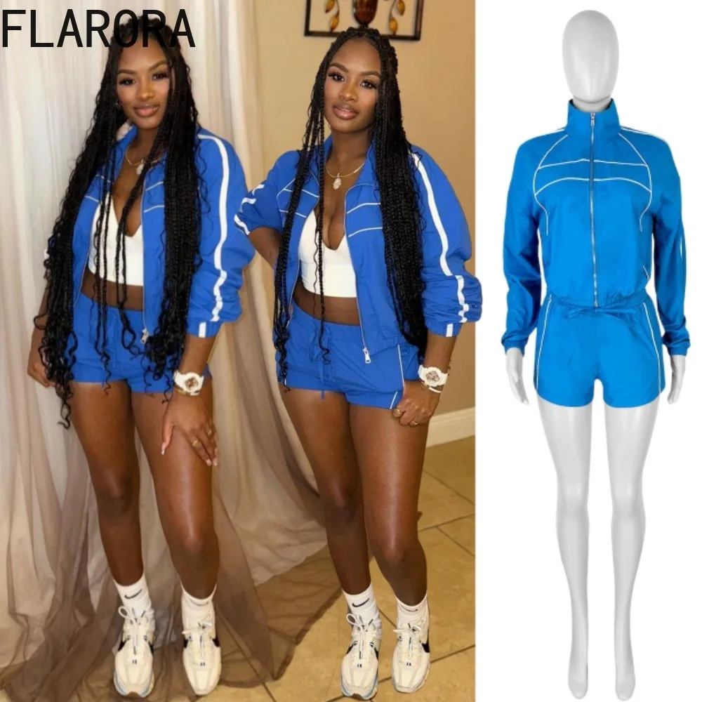 

FLARORA Fashion Striped Patchwork 2 Pcs Sets Woman Longs Sleeve Zip Crop Jackets And Drawstring Shorts Female Street Tracksuits