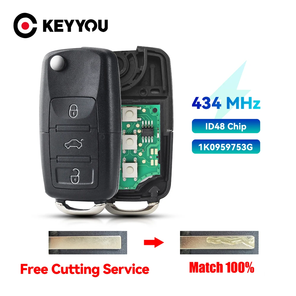KEYYOU With Cutting Service 3 Buttons Remote Key For VW For VOLKSWAGEN CADDY EOS GOLF JETTA SIROCCO TIGUAN TOURAN HLO 1K0959753G