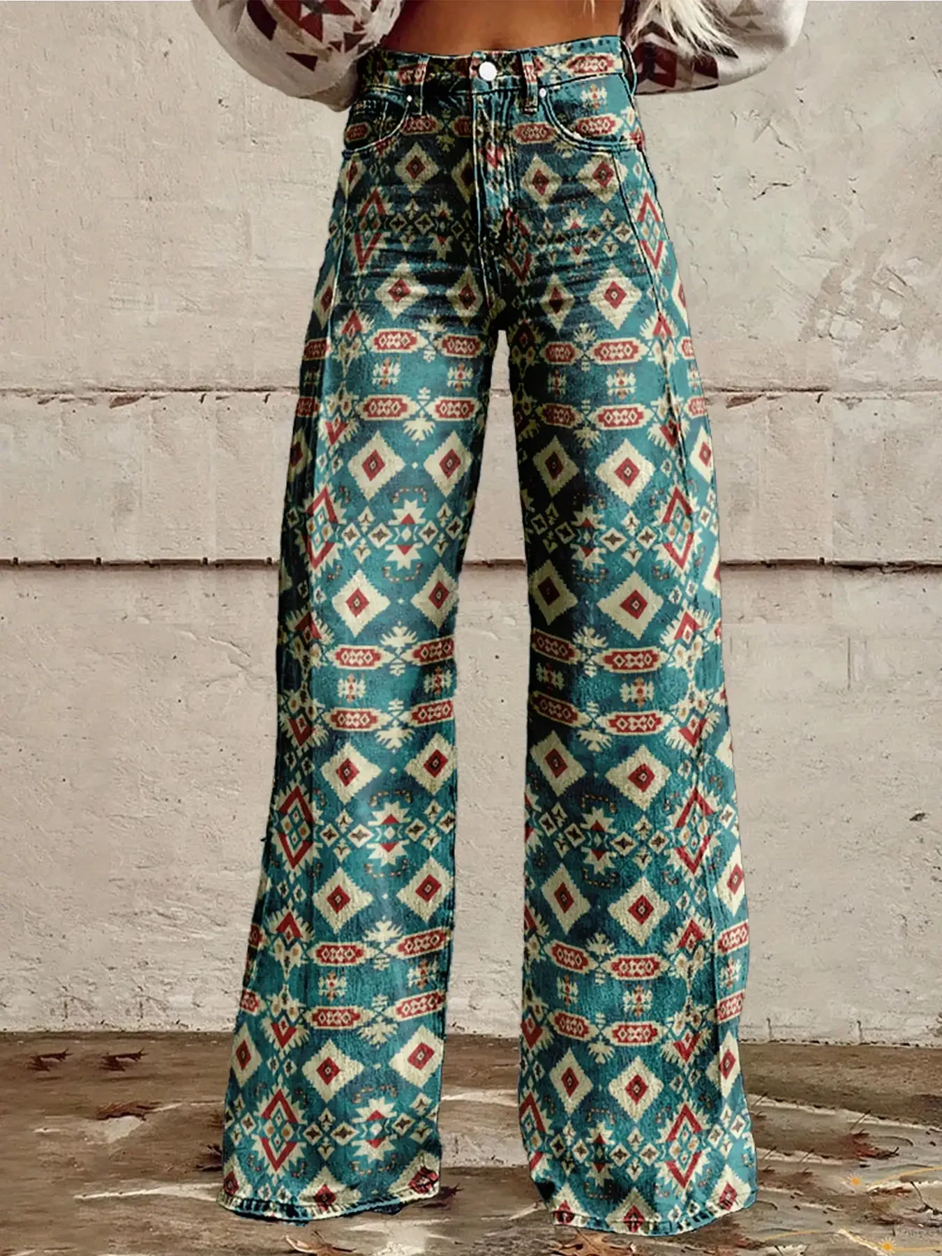 New women's green printed casual and fashionable outdoor wide leg pants jeans