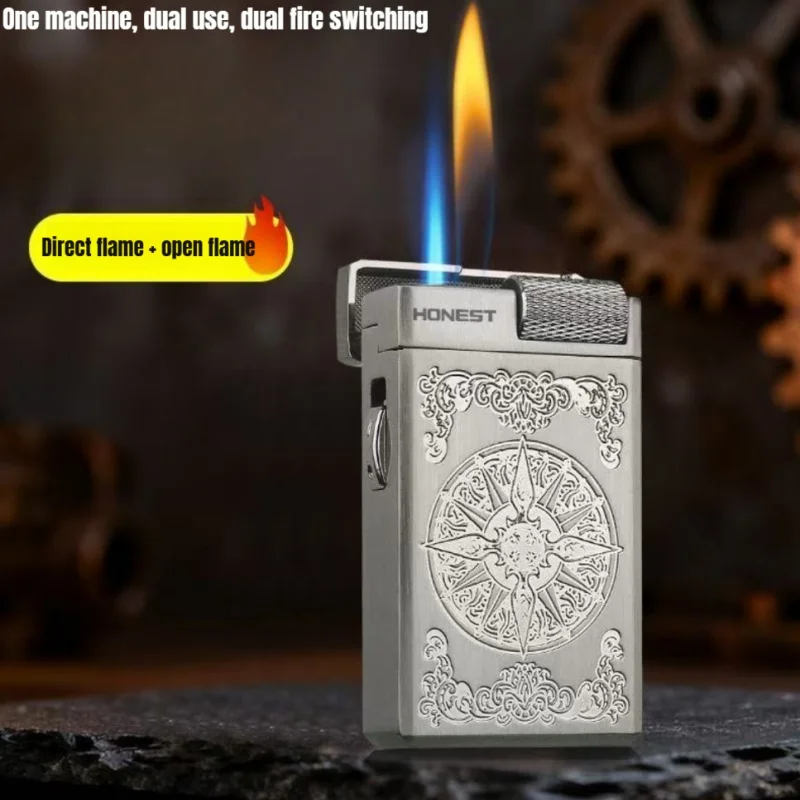 HONEST Lighter With Dual Flame Modes, Grinding Wheel Ignition, Visible Gas Window, Metal Dust Cover Adjustable Flame