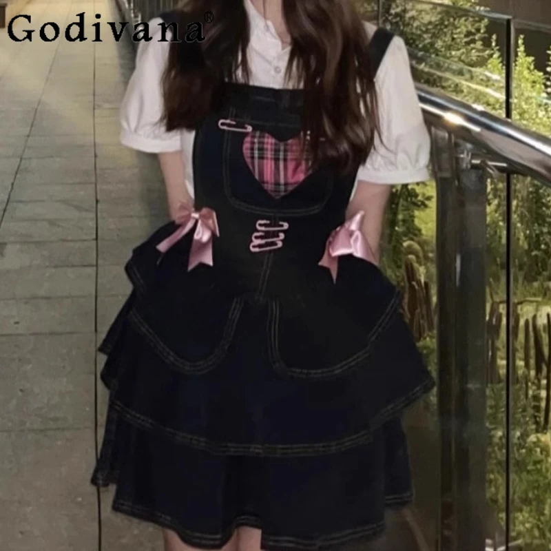 

Y2k Cool Girl Blue Sleeveless A-line High Waist Sweet Bow Denim Strap Dress Summer College Age Reduction Short Cake Dresses