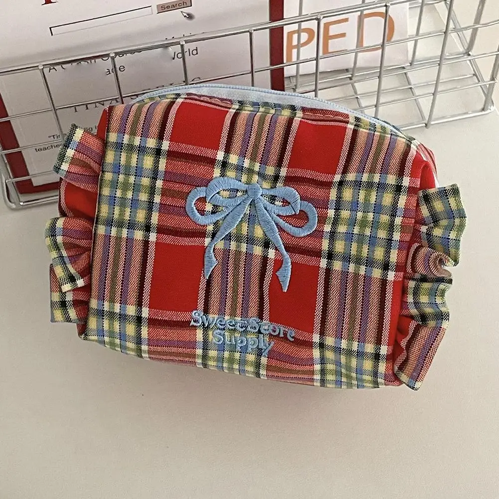 Plaid Bogen Münz geldbörse Veranstalter Tasche Student süße karierte Tasche gekräuselte Tasche bestickte Toiletten artikel Reise z0i0