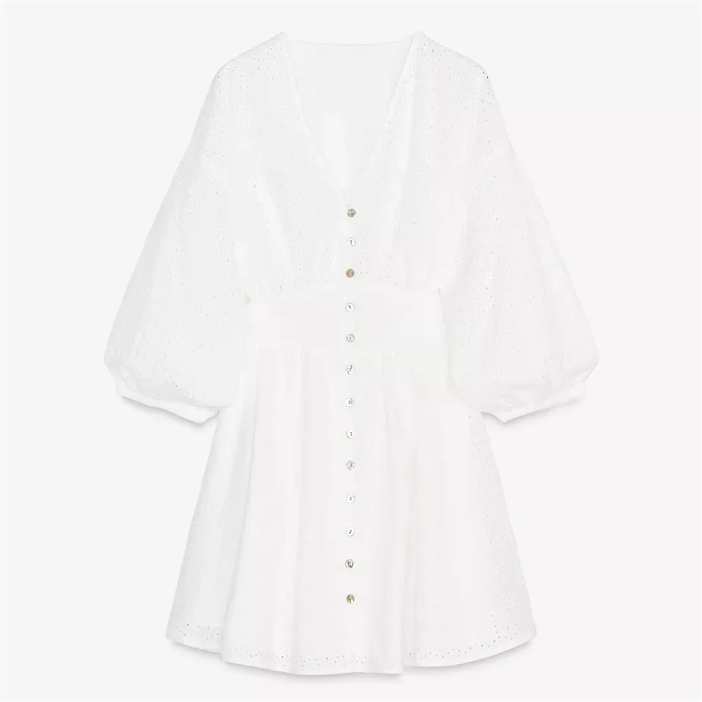 

LIBIELIY LIBIELIY Women's Hollow Embroidered Mini Dress With V-neck Buckle Decoration For Spring/Summer Casual Women's Wear