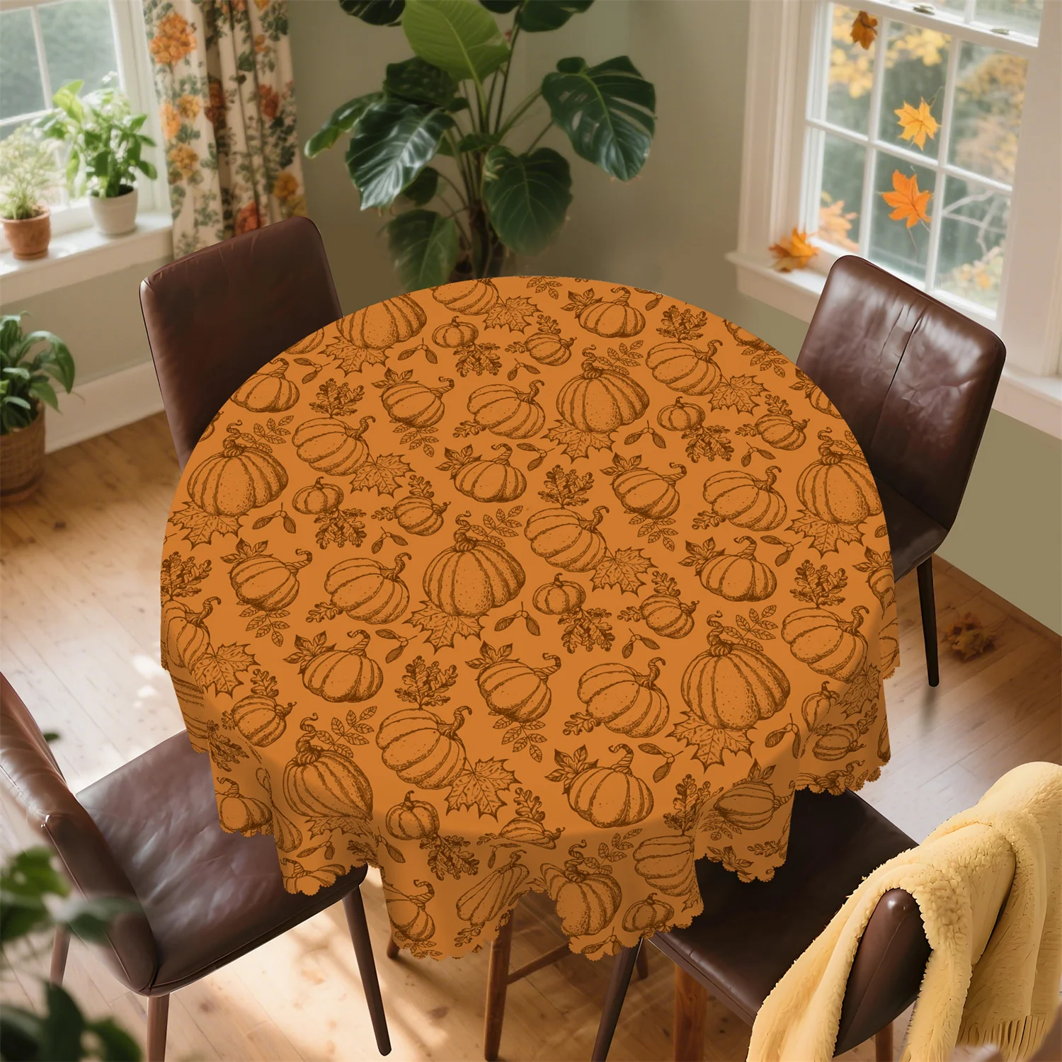1 piece, hedgehog pattern party tablecloth, autumn Thanksgiving vintage apple mushroom maple leaf printed design