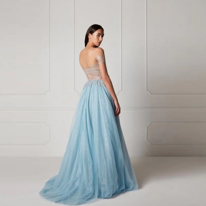 Sexy Sheer Tulle Prom Gowns Lace Beaded Off The Shoulder Gorgeous Special Occasion Formal Dresses Dubai Sky Blue Party Dress