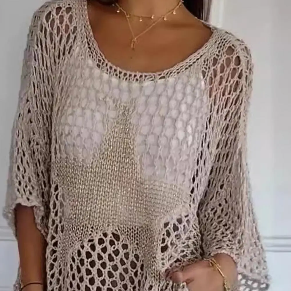 Elegant Women Blouse Crochet Top Star Pattern Mesh 3/4 Sleeves Hollow Out Fishnet Knit Blouse Swimsuit Cover-Up