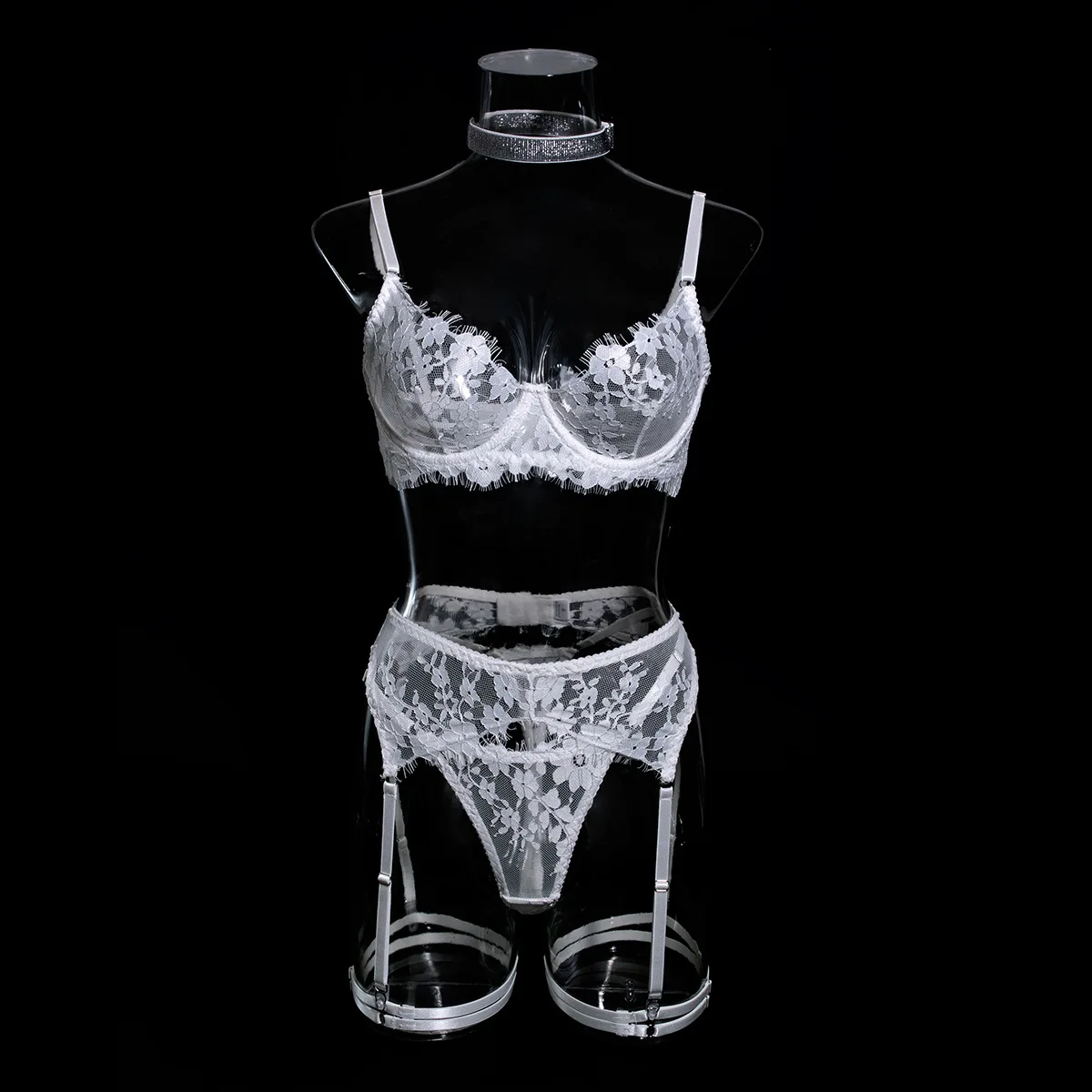 Krasapt Sexy Bridal Soft And Comfortable Lace 5 Pcs Lingerie Set For Valentine\'s Day Romantic Underwear With Choker Leg Loops