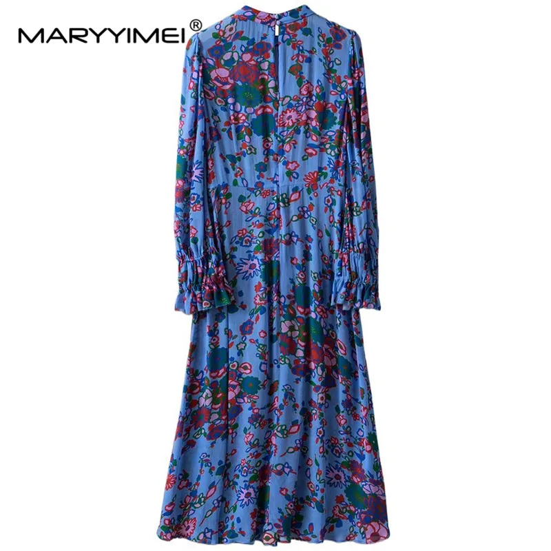 MARYYIMEI Autumn Fashion designer Women\'s dress Standing collar Ruched Floral-Print Slim Elegant Chiffon Holiday Dresses