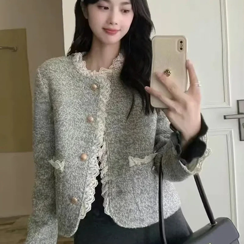 

Корейская куртка с кружевными вставками, женская, с длинным рукавом, элегантная, повседневная, в стиле Y2K, для офиса, шикарный женский топ
