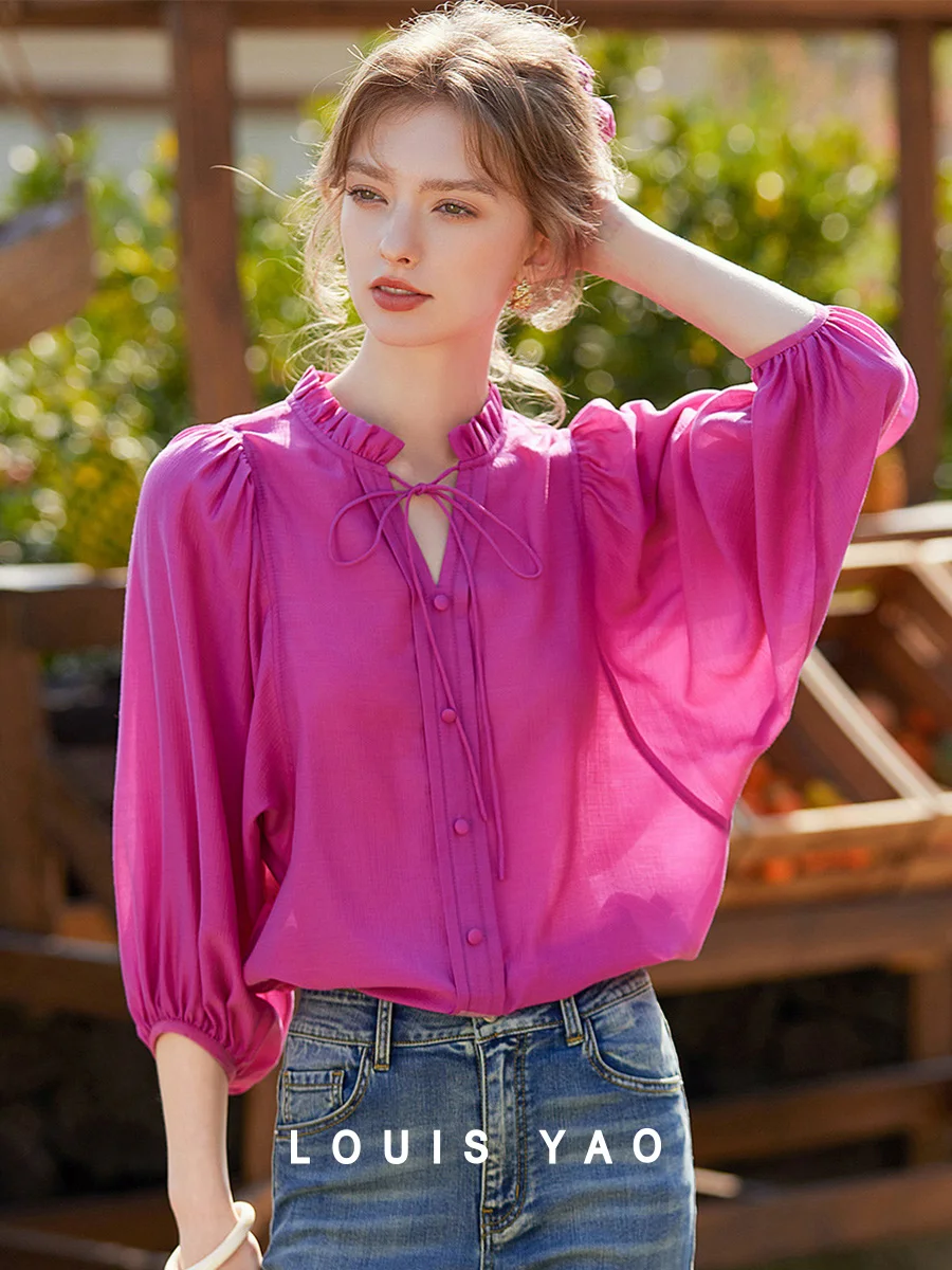 

LOUIS YAO 2025 Spring Retro Bubble Sleeve Loose Shirt Fashionable Ear Edge Round Neck Strap Non Elastic Women's Shirt