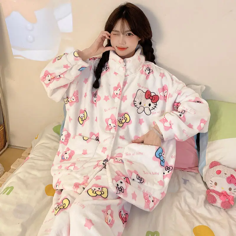 

Kawaii Kitty Cat пижамы для девочек фланелевые утолщенные топы из 2 предметов с длинными рукавами брючный костюм милая повседневная домашняя одежда с героями мультфильмов для девочек