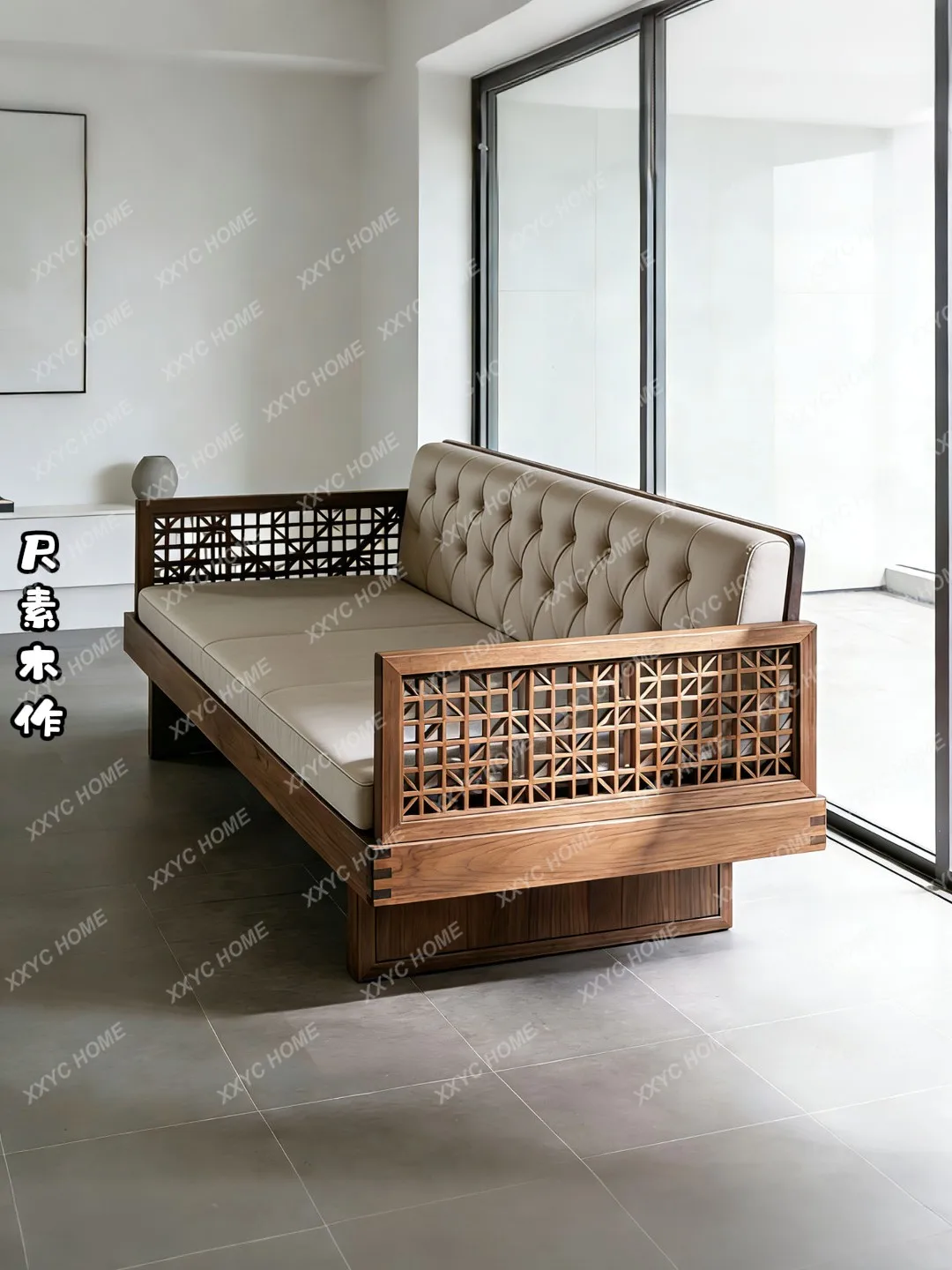 Straight row sofa Zen three-person villa living room solid wood sofa