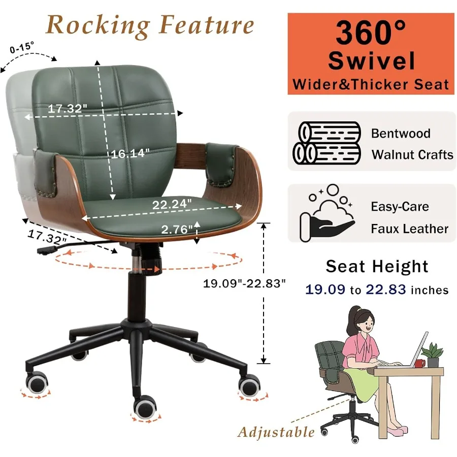 كرسي مكتب منزلي مع عجلات عجلات مصنوعة من خشب الجوز مريح منحني للظهر والأذرع من الجلد الصناعي قابل للتعديل