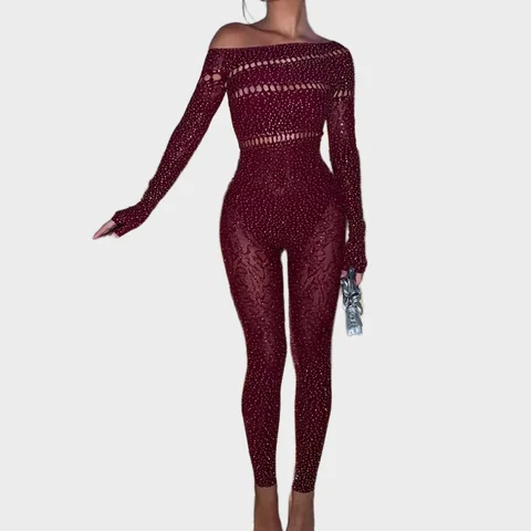 Women Sparkling Rhinestone Off Shoulder Bodysuit Sexy Cutout Mesh Long Sleeve See Through Bodycon Length Party Clubwear Romper