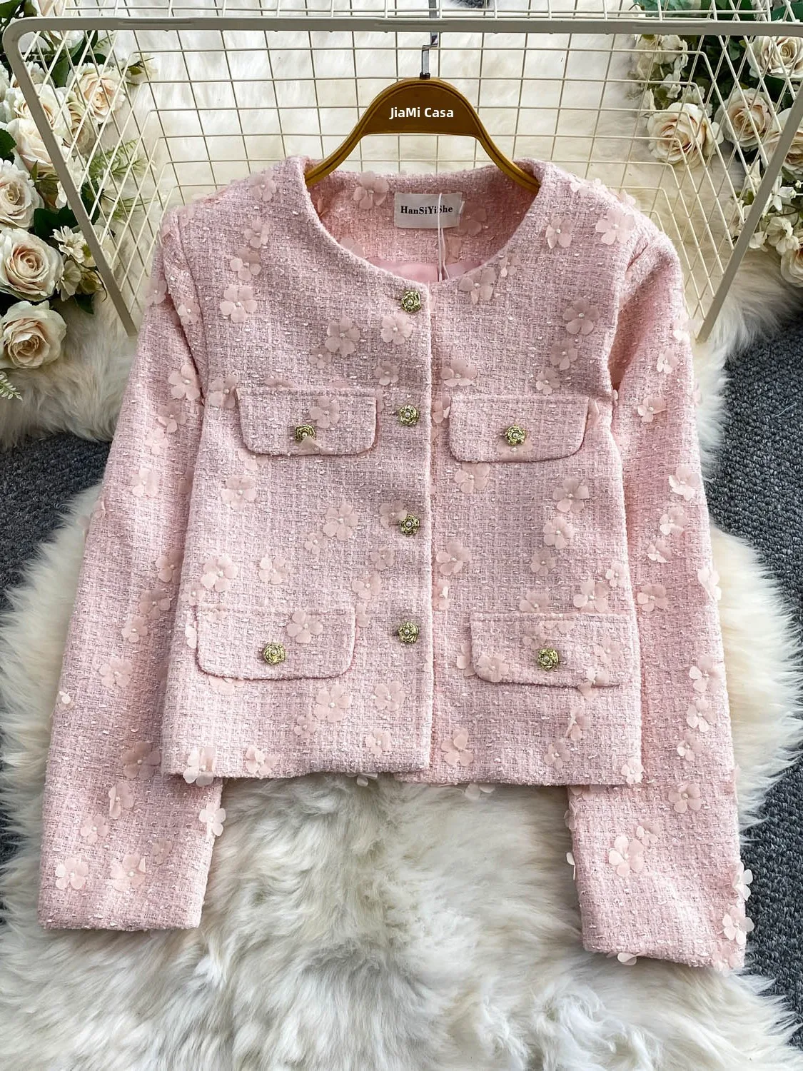 Elegant round Neck Outerwear Women's Autumn Winter Luxury Metal Buckle Thick Tweed Shirt Young Looking 3D Flower Decoration