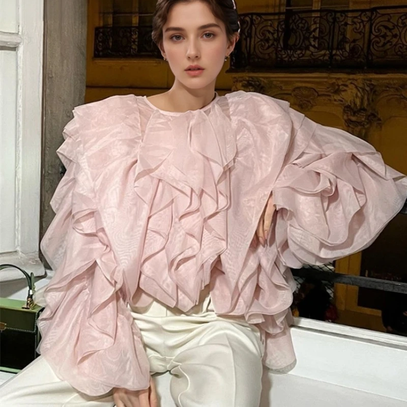 

Elegant Patchwork Ruffles Chiffon Blouses Women O Neck Lantern Long Sleeve Loose Shirt Female Clothing Fashion