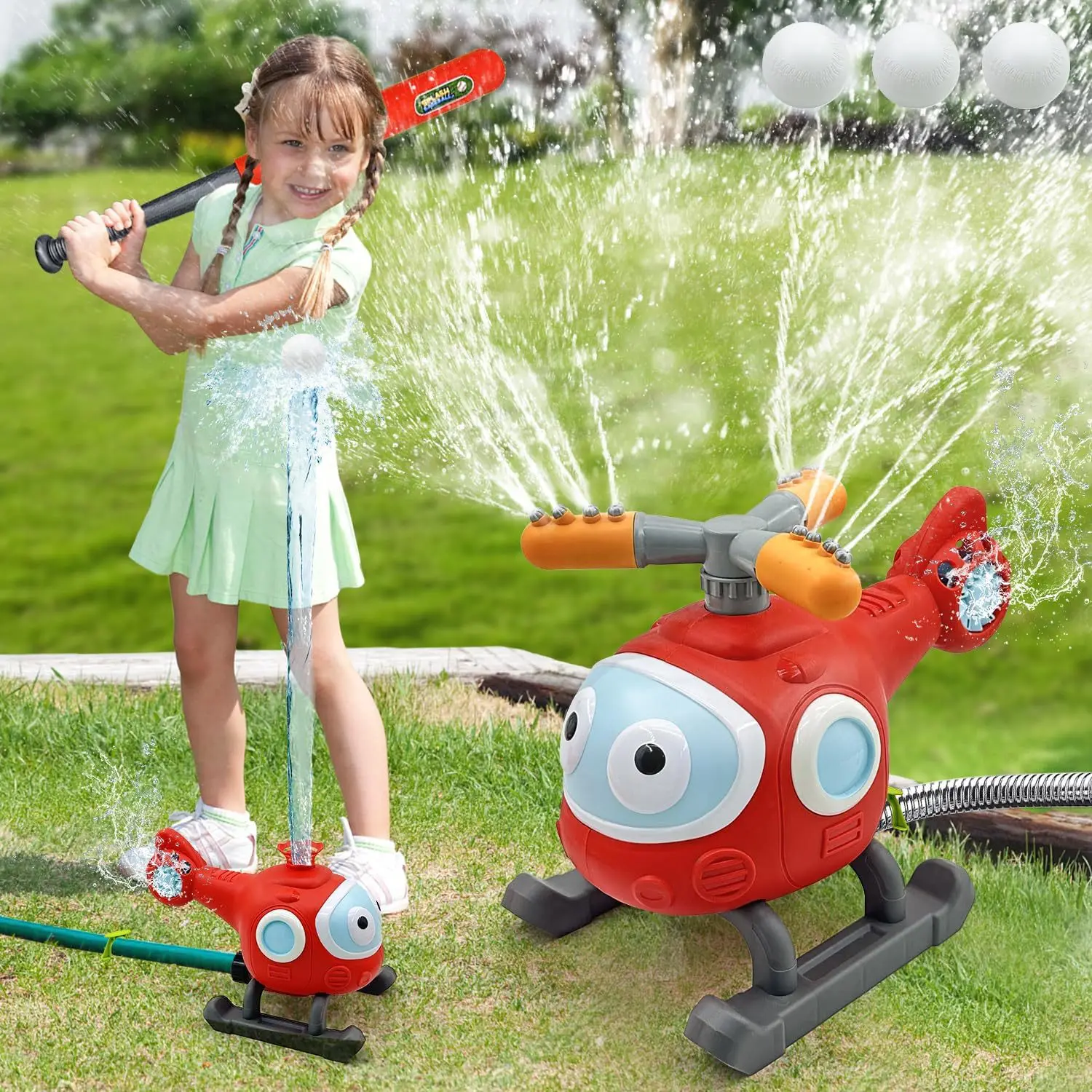 

2 in 1 Outdoor Water Spray Sprinklers T Ball Set for Kids and Toddlers, Backyard Spinning Airplane Sprinkler Toy , Garden Hose