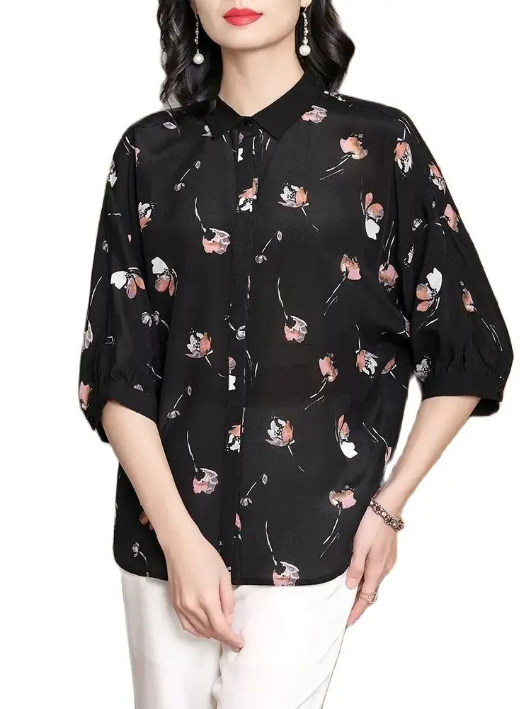 BirdTree 100%Real Silk Elegant Shirt For Women, Lapel Collar Printed Loose, Retro OL Commute Blouse, 2024 Spring New T42334QC