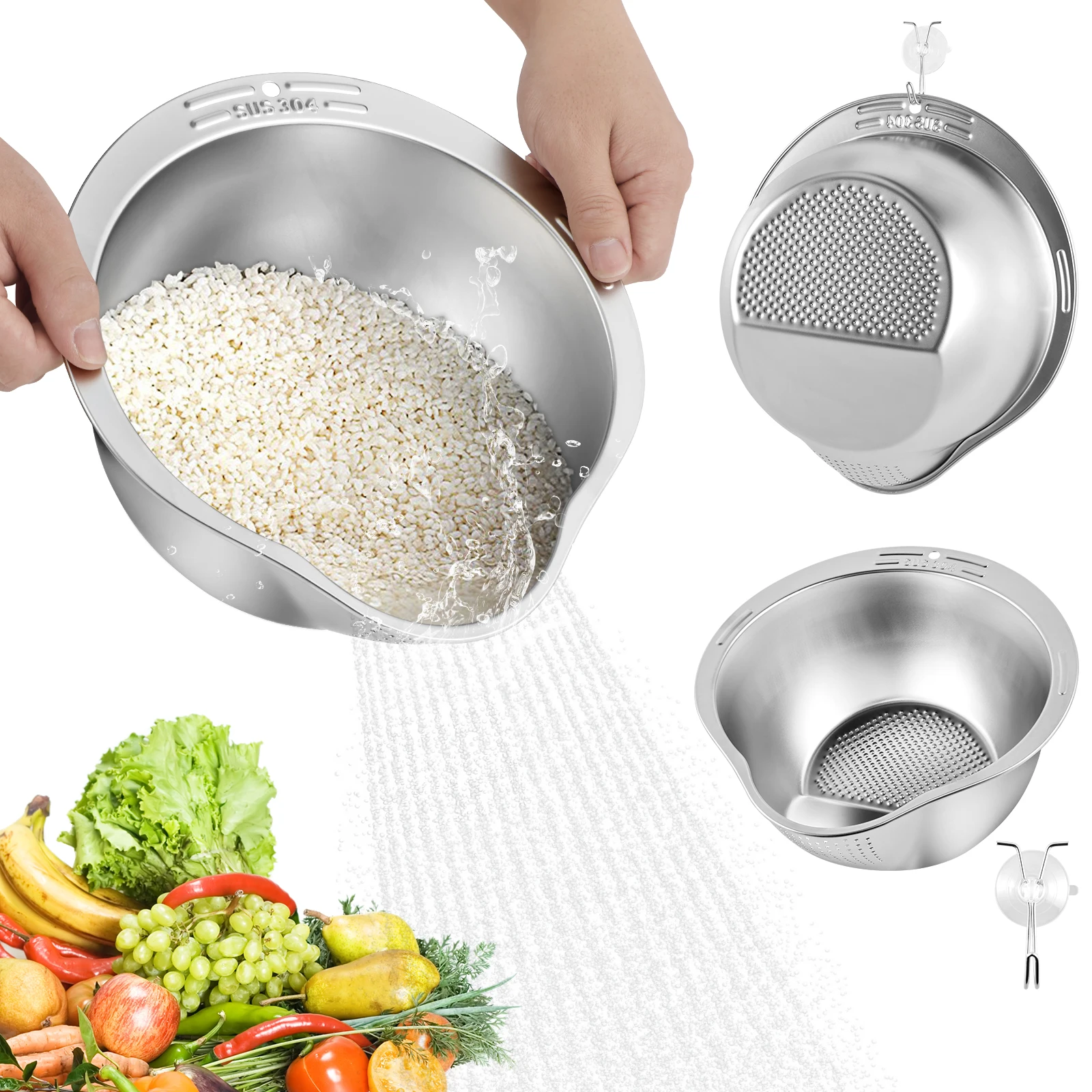 Rice Strainer 2 Pack Strainers and Colanders for Kitchen with 2 Hooks Stainless Steel Rice Washing Bowl Versatile Kitchen