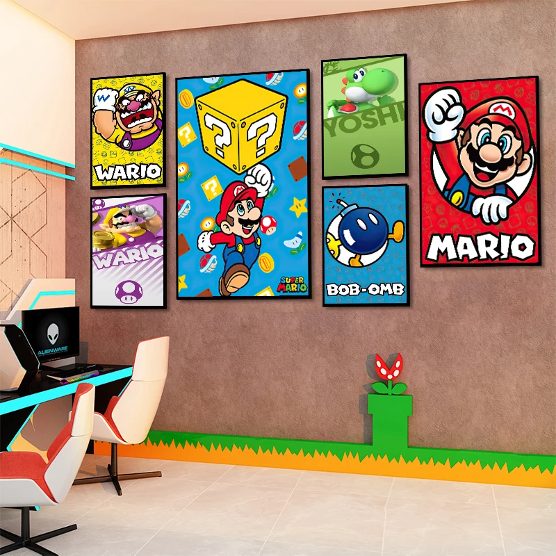 Super Mario Bros Poster Anime Luigi Yoshi Room Wall Canvas Painting Posters Cartoon Background Decoration Art Wall Painting Gift