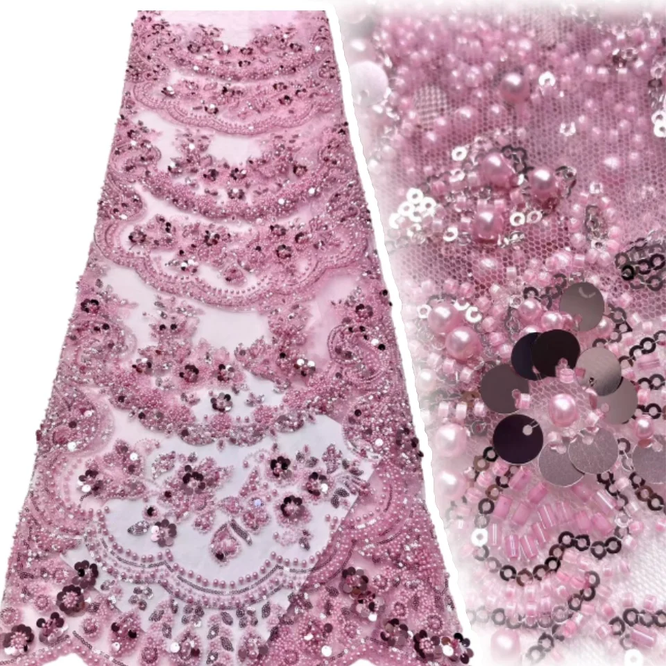 

5Y African Sequins Lace Fabric High Quality French Nigerian Groom Lace Mesh Fabrics Beads For Sewing Dress Wedding Party AH1337