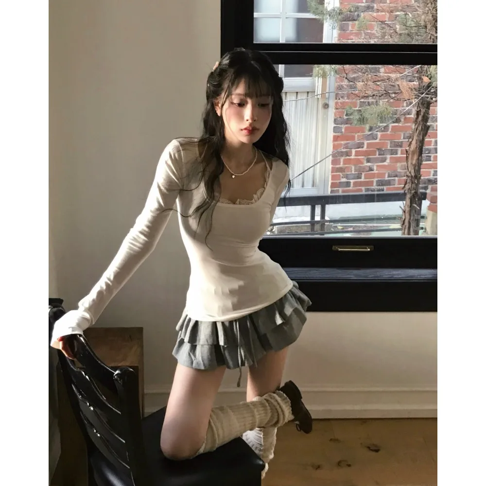 

Chic Lace Collar T-irt Women's Spring New Splicing Long Sve Blouse Fake Two-Piece Korean Sle School Street Sle Outdoor