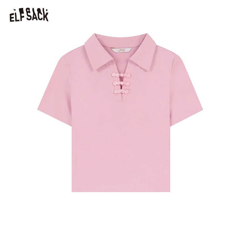 ELFSACK 2024 summer new arrival picnic travel vacation holiday soft comfortable fitted Chinese Polo collar buckle t-shirt knitwe