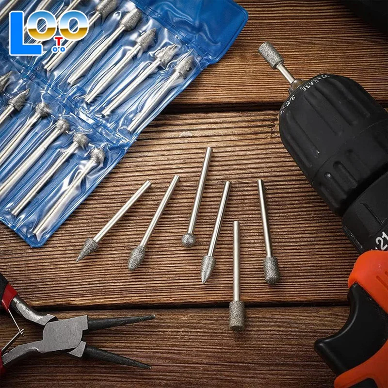 20 шт., набор алмазных сверл, шлифовальных бит, мини-сверла, набор заусенцев для вращающегося инструмента, шлифовальные принадлежности, хвостовик 3 мм