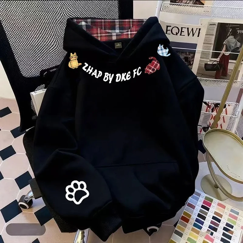 

Женский клетчатый лоскутный топ с капюшоном и длинным рукавом, свободный ленивый свитшот, осень-зима, хип-хоп, Harajuku Y2K, повседневный уличный пуловер