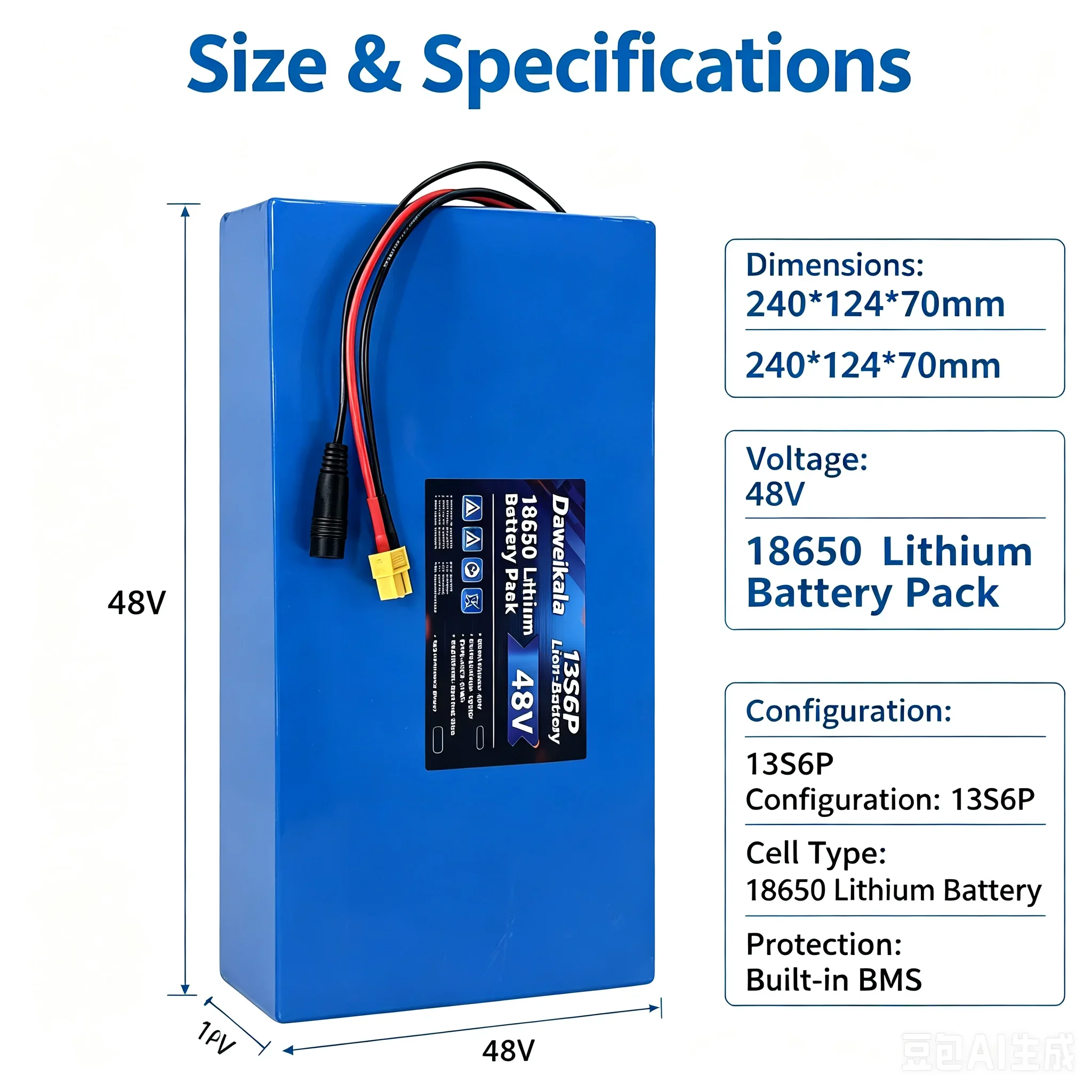 48V 13S6P 18650 Lithium-Ionen-Akkupack, mit integriertem BMS und mehrfachem Sicherheitsschutz, wiederaufladbarer Li-Ionen-Akku mit zwei Anschlüssen für Elektrofahrräder und E-Scooter.