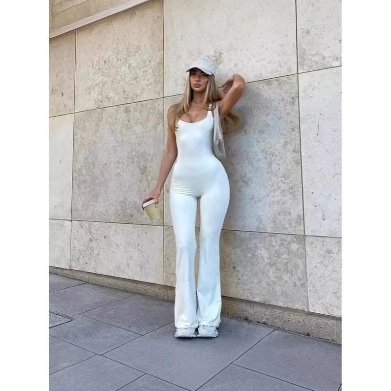 2024Summer New Casual Women's Slim-Fit Solid Color Bell-Bottom Pants Sexy Sling One-Piece Trousers