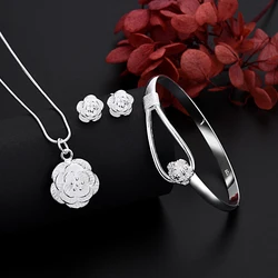 Wholesale Cute 925 Sterling Silver Charm Flower Necklace Earring Bangle Jewelry for Women Set Wedding Gift TRENDY