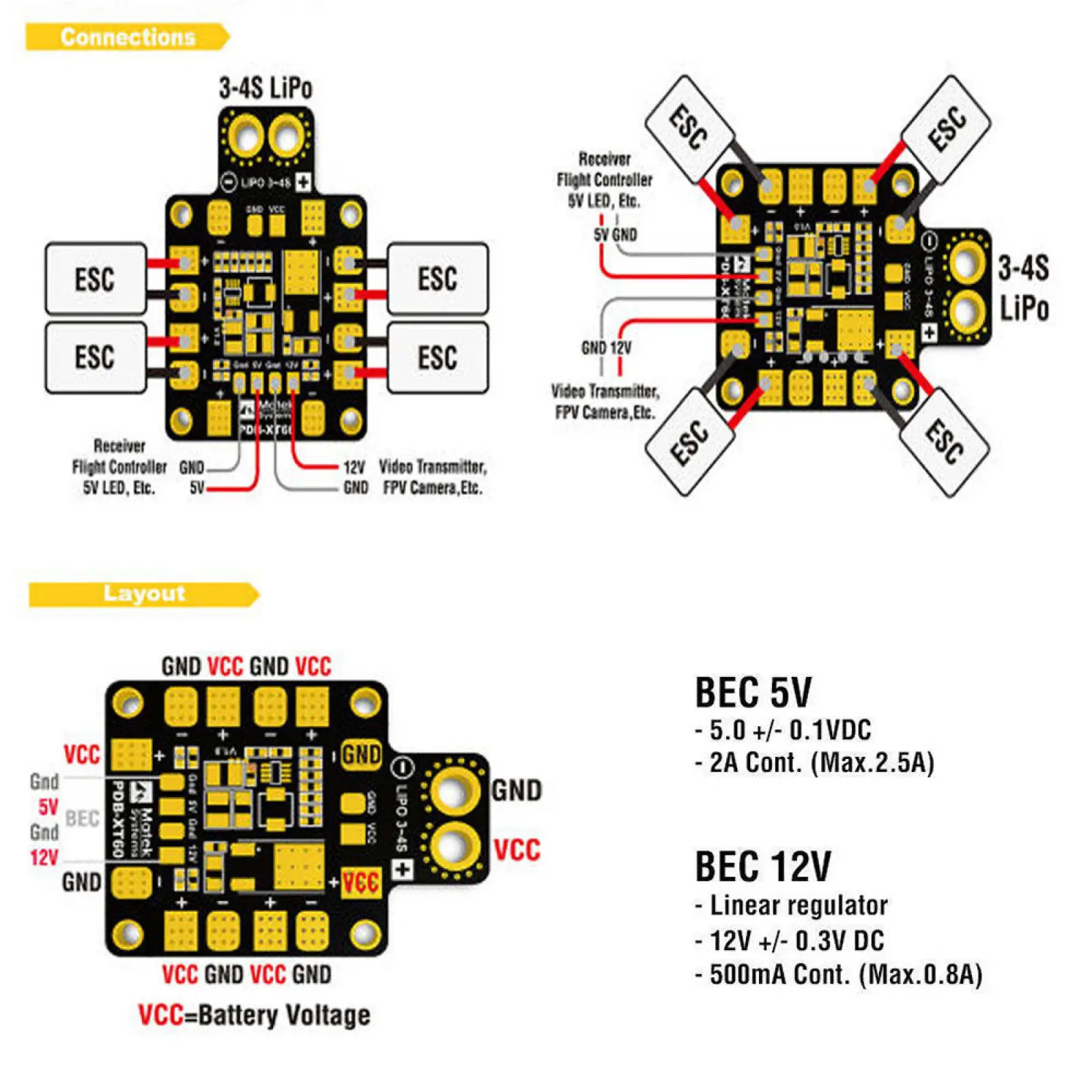 RC Drone Mini Powr Hub Dual BEC PDB XT60 Power Distribution Board Power PDB-XT60 Mudule W/ BEC 5V 12V For FPV Drone Quadcopter